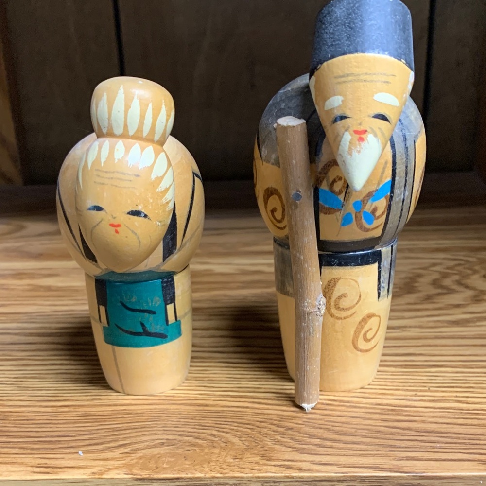 Wooden Kokeshi Doll Set with Painted Details